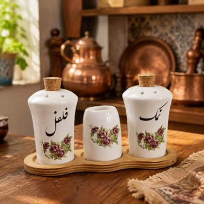 ست نمکدان گل سرخی سرامیک و چوب