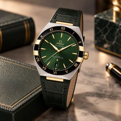 ساعت امگا کانسلیشن مردانه دورنگ طلایی بند چرم سبز Omega-10765-G