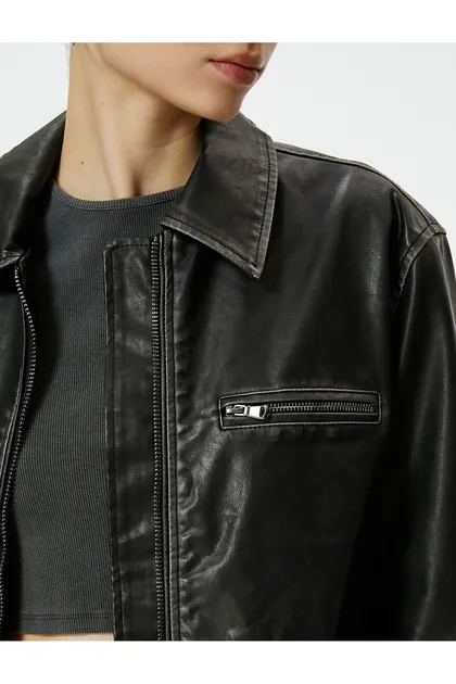 جیب یقه پیراهن زیپ‌دار ژاکت چرم مصنوعی بزرگ 4SAL20039IW