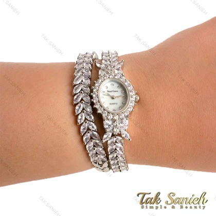 ساعت رویال کرون زنانه مجلسی فول نگین نقره ای دو دور Royal-4499-L