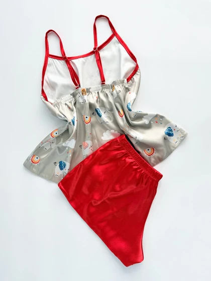 ست لباس خواب تاپ و شورتک ساتن طرح فیل