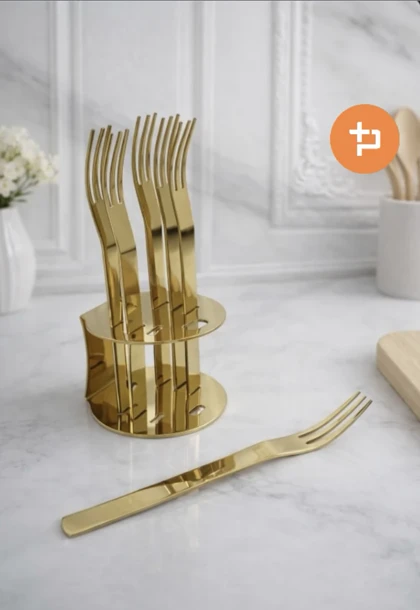 چنگال دسر خوری 6 عددی استند دار طلایی