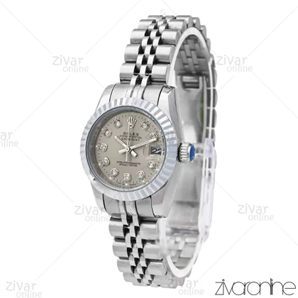 ساعت رولکس دیت جاست زنانه سیلور صفحه طوسی نگینی اسمال 106069