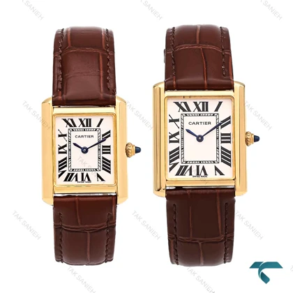 ساعت کارتیر Tank زنانه طلایی بند چرم قهوه ای مدیوم Cartier-6364-G