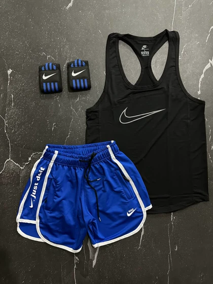 پکیج کد S1015 شامل رکابی + شلوارک + مچبند با تم مشکی آبی