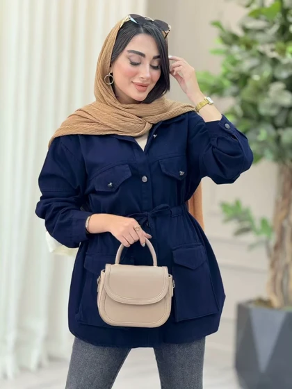 مانتو کتان کمرگت جیب پاکتی