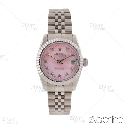 ساعت رولکس دیت جاست زنانه صفحه صورتی ایندکس نگین‌دار 103723