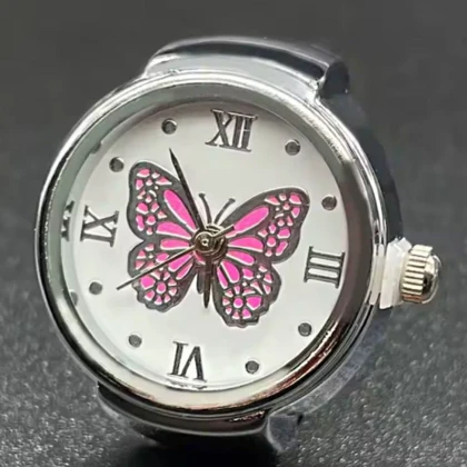 ساعت انگشتری زنانه بند کشی استیل طرح پروانه صورتی