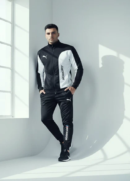 ست سویشرت شلوار مردانه مشکی مدل MotorSport+ کفش ورزشی مردانه Nike مدل Tigo زیره سفید