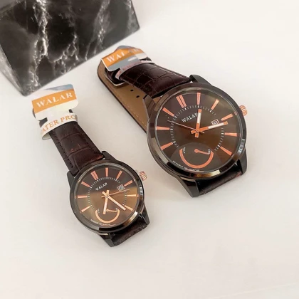 ست ساعت کلاسیک WALAR – قاب مشکی، جزئیات رزگلد و بند چرم قهوه‌ای تیره (Couple Set)