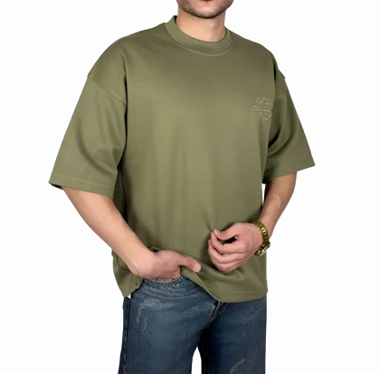 تیشرت آستین کوتاه سبز زیتونی با گلدوزی برجسته