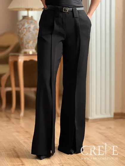 شلوار کرپ کجراه کمردار جلو چاک