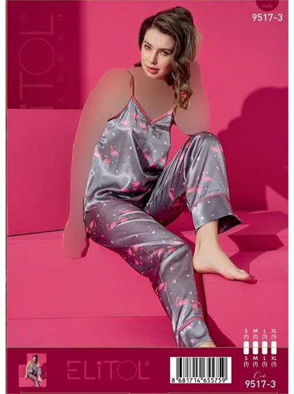 تاپ و شلوار ساتن زنانه کد3-9517 طرح فلامینگو