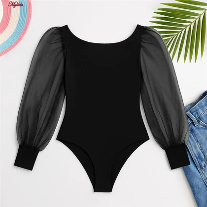 بادی آستین بلند زنانه پاپیلون مدل آستین توری رنگ مشکی مدل 5376-452