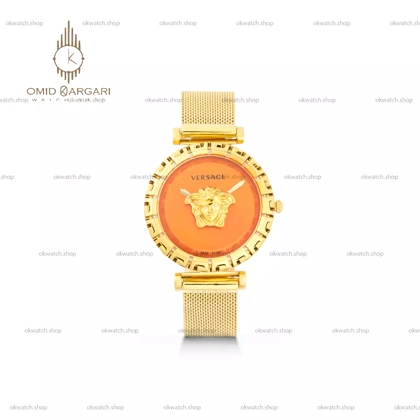 ساعت مچی ورساچه بند حصیری طلایی صفحه نارنجی Versace