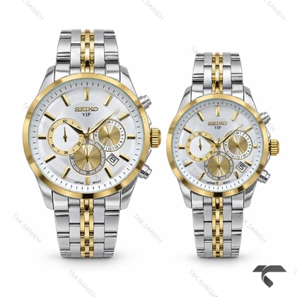 ساعت ست سیکو VIP سه موتوره کرنوگراف دورنگ طلایی Seiko-11456-S
