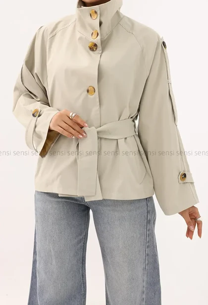 ترنچ کت یقه ایستاده کتان@کد1004635