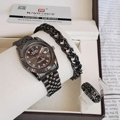 ست ساعت رولکس و دستبند انگشتر مردانه استیل مشکی 362430520