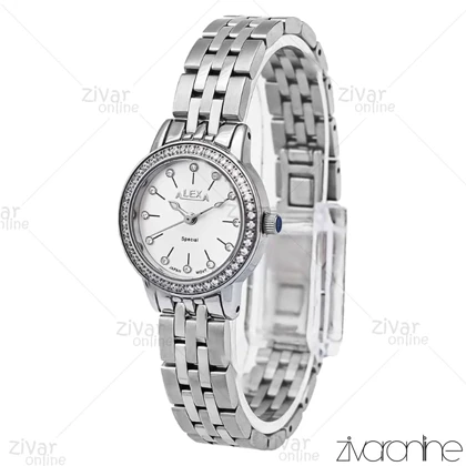 ساعت الکسا اسپشیال زنانه نقره ای صفحه سفید دور نگین 106145