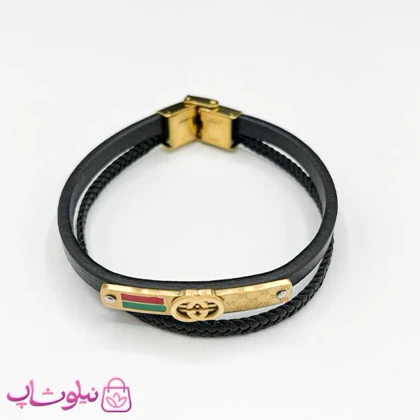 دستبند مردانه چرم و استیل مدل گوچی طلایی