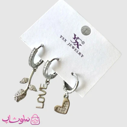 گوشواره سه تایی زنانه YSX مدل گل و Love نقره ای رنگ کد 2791