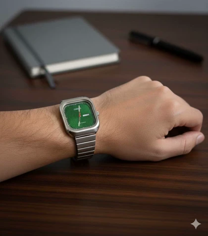 ساعت مچی کلاسیک کاسیو (Casio) – صفحه مربع/بالشی سبز و بند فلزی (نمایشگر عربی)