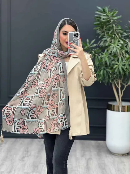 شال طرح گل چنل گلبهی - کرم