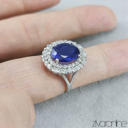انگشتر جواهری نقره ای با نگین آبی 30133