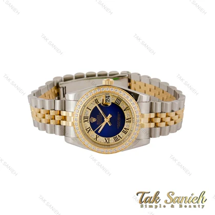 ساعت رولکس زنانه دورنگ طلایی دورنگین ایندکس یونانی صفحه آبی Rolex-5121-M-L