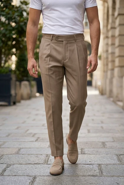 شلوار اسمارت‌فیت (Smart Tapered Fit) پلیسه‌دار رنگ بژ B65 پارچه بزیاق درجه یک کد 7534