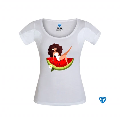 تیشرت ضدتعریق زنانه سفید طرح دختر نشسته مو فرفری