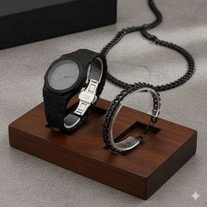 ست مردانه ساعت و دستبند و گردنبند solid black-مشکی ویژه
