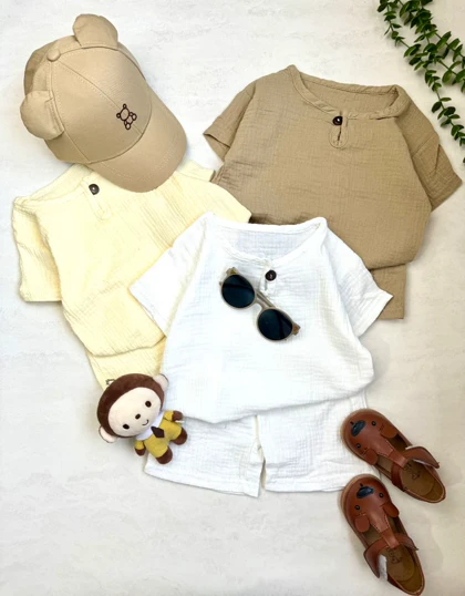 دوتیکه تیشرت و شورتک موسلین یقه گرد