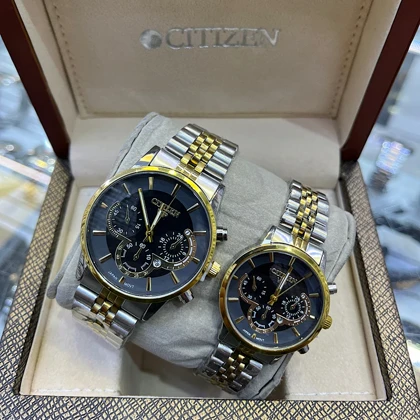 ساعت سیتیزن زنانه یا مردانه کد 5862L طرح سه موتوره دورنگ طلایی صفحه مشکی