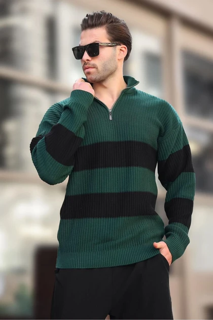 ژاکت مردان راه راه یقه سبز زیپ E7272