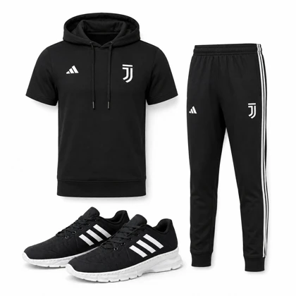 پکیج ست تیشرت کلاهدار و شلوار مردانه مدل Juventus + کفش ورزشی مردانه مدل Alshen