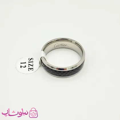 انگشتر رینگ مردانه مشکی نقره ای طرح فیبر کربن