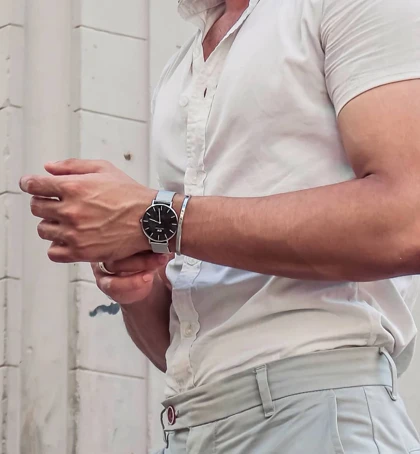 ساعت دنیل ولینگتون حصیری مردانه نقره ای صفحه مشکی Daniel Wellington Silver