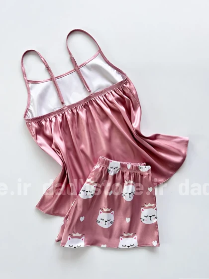ست لباس خواب تاپ و شورتک ساتن طرح گربه