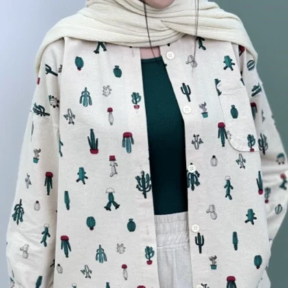 مانتو زنانه لینن نچرال طرح کاکتوس عیدانه