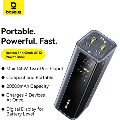 پاور بانک فست‌شارژ 20800 تایپ‌سی و USB توان 145 وات بیسوس Baseus PPAP-20E5/P10082109813-00 با کابل دوسر تایپ سی