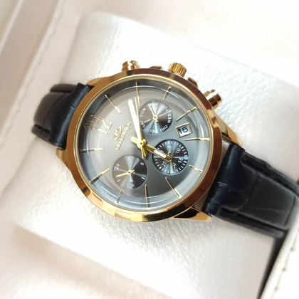 ساعت چرمی زنانه الگانس طرح سه موتور تقویم دار بند مشکی صفحه طوسی