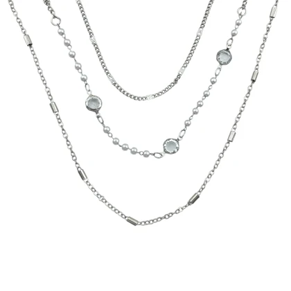 گردنبند زنانه سه لاین با مروارید و زنجیر