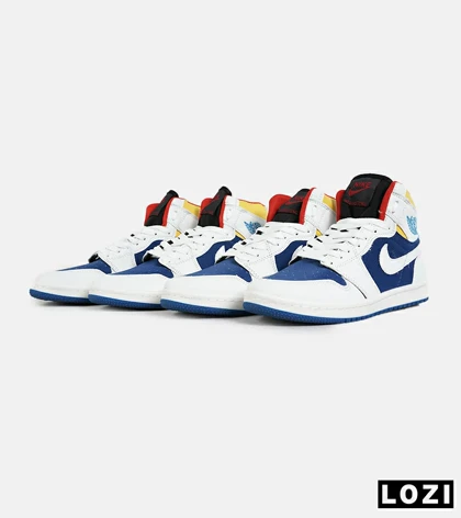 کفش کتانی مردانه و زنانه ساق‌دار سفید آبی زرد NIKE jordan 1