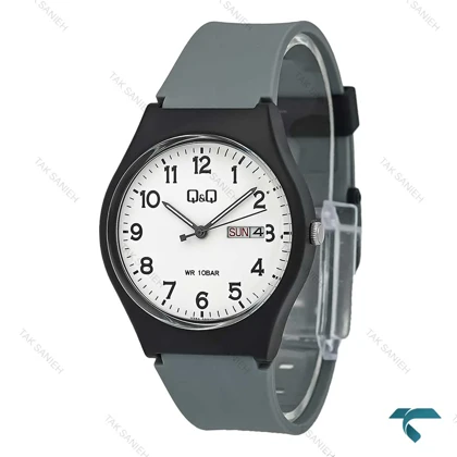 ساعت مچی کیو کیو مردانه دو تقویمه صفحه سفید بند رابر طوسی QQ-7767-G