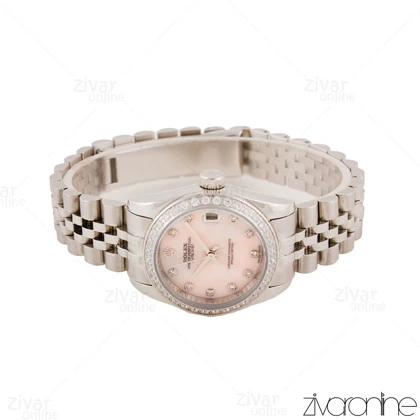 ساعت رولکس دیت جاست زنانه نقره ای دور نگین صفحه صورتی 105578