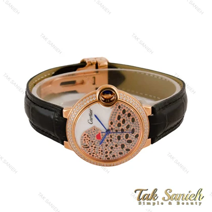 ساعت کارتیه بالن بلو زنانه فول نگین رزگلد بند چرم مشکی Cartier-5265-L