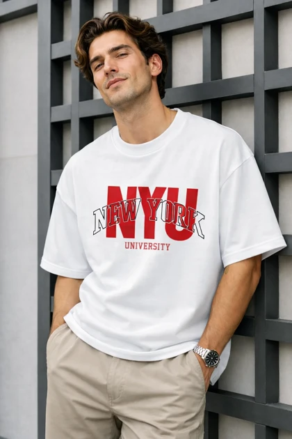 تیشرت مردانه سفید طرح NYU پارچه مچینست ترک