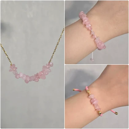 دستبند و گردنبند با سنگ رز کوارتز اصل و نقره