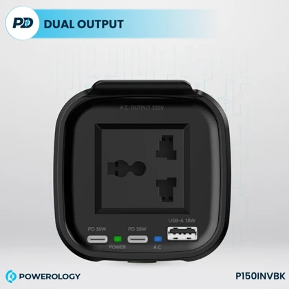 اینورتر و شارژر فندکی فست شارژ ماشین تایپ سی و یو اس بی 150 وات پاورولوژی P150INVBK